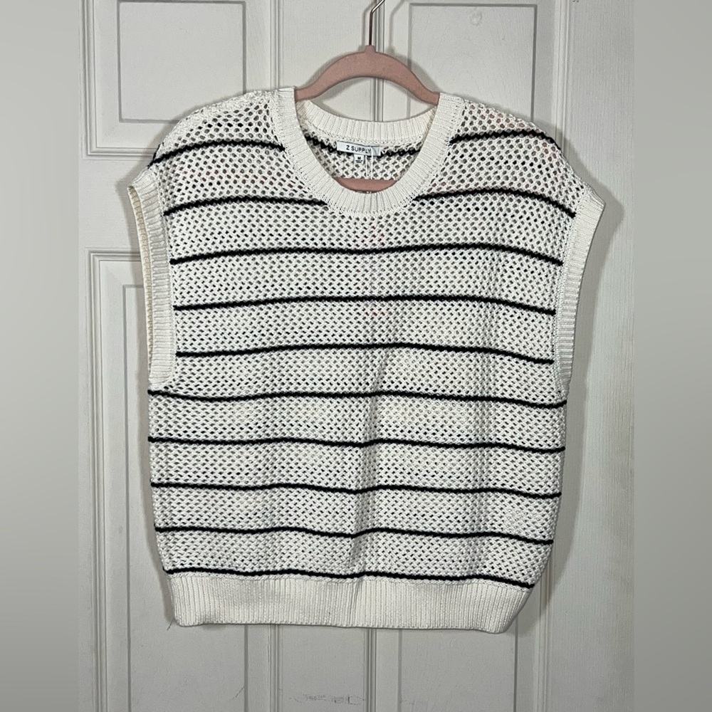 Z Supply Ines Striped Short Sleeve Sweater Sea Salt Cotton NWT M